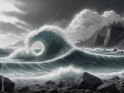 Waves of Kanagawa – A Majestic Tsunami Captured in Ethereal Ink and Wash Technique!